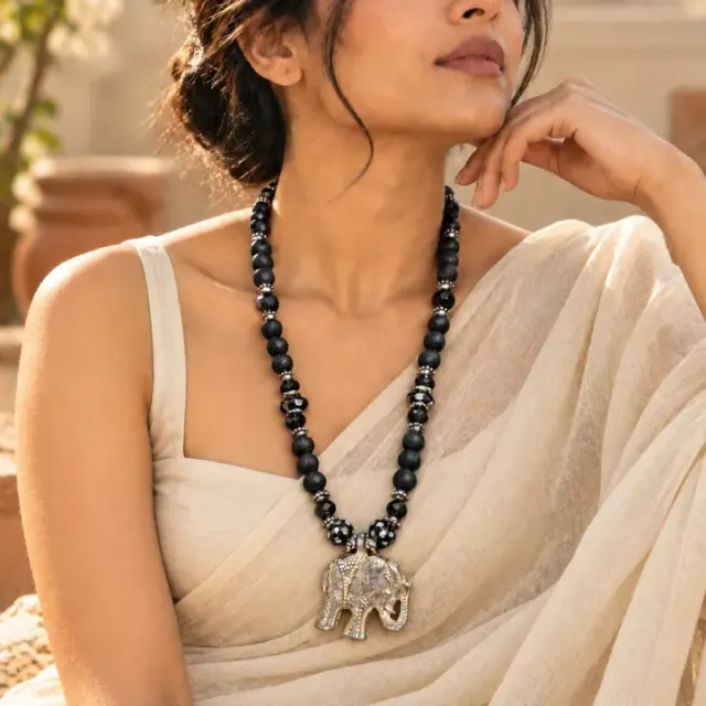 Gajraaj Siyaah — Handcrafted Black Beaded Elephant Necklace