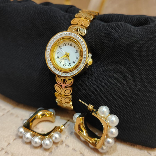 Timeless Grace Set – Watch Kada & Pearl-Trimmed Hoops
