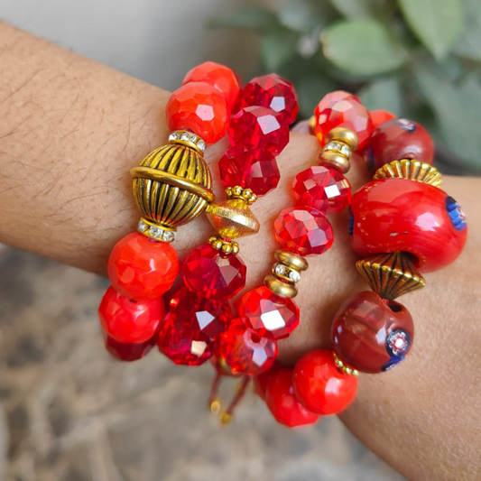 Scarlet Blaze – Glass & Ceramic Beaded Bracelet Stack (Set of 4)
