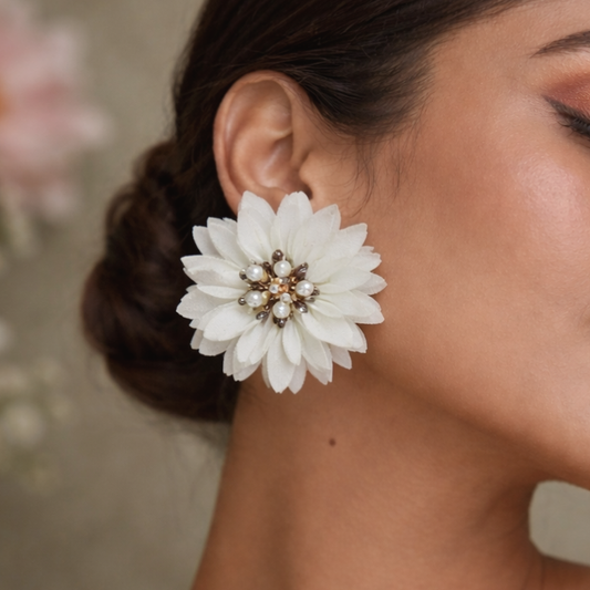 Ivory Bloom Fabric Clip-On Earrings