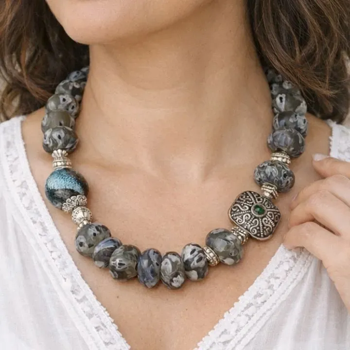 Smoked Earth Choker - Porcelain Millefiori Beaded Collares — neckwear, view 3