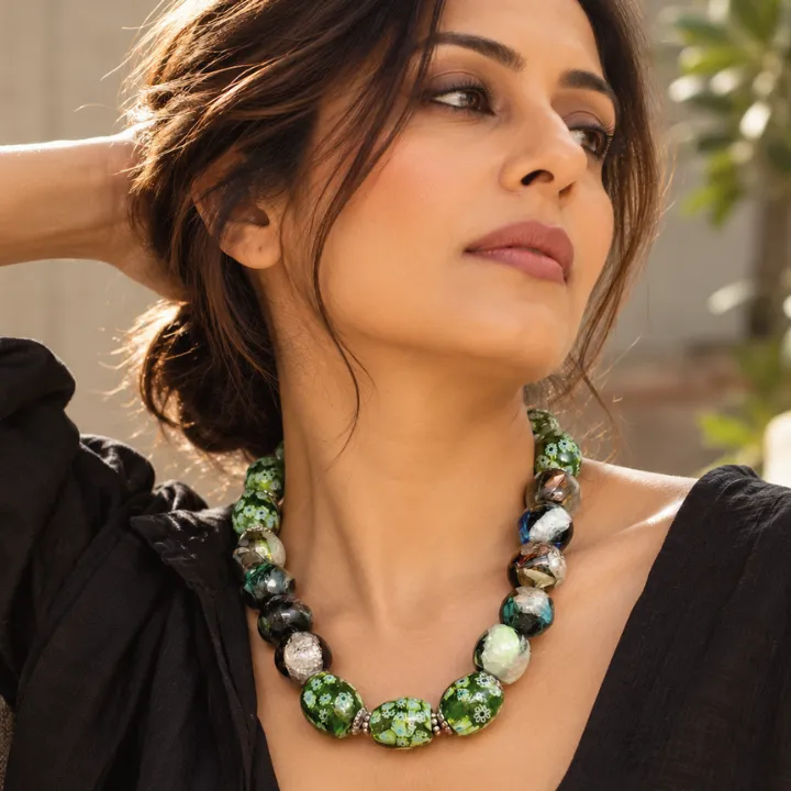 Gul-e-Sabz Handcrafted Green Floral Bead Necklace