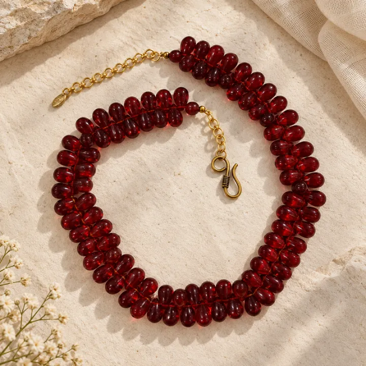 Raqs — Deep Red Teardrop Glass Bead Neckpiece — neckwear, view 2